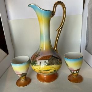 Loucarte Pitcher Stem Goblets Portugal Hand Painted Scenery Antique 14"
